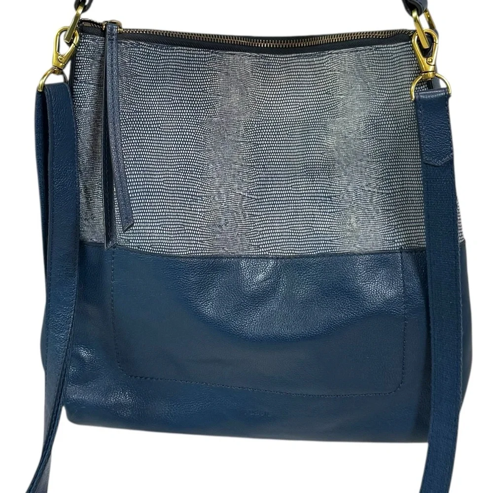 Fossil‎ Amelia Hobo Shoulder Bag Cow Hide Leather Twilight Blue Gold Hardware